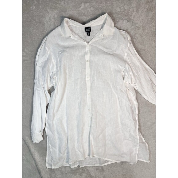 Eileen Fisher Long Sleeve Irish Linen Button Down Shirt White Sz L Lagenlook - Picture 1 of 10